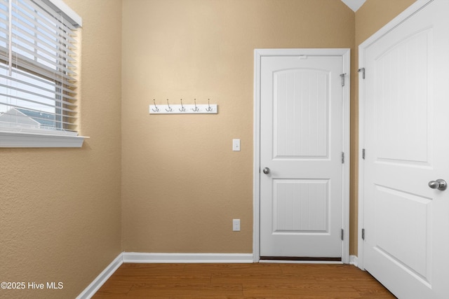 interior space with a closet, baseboards, and wood finished floors