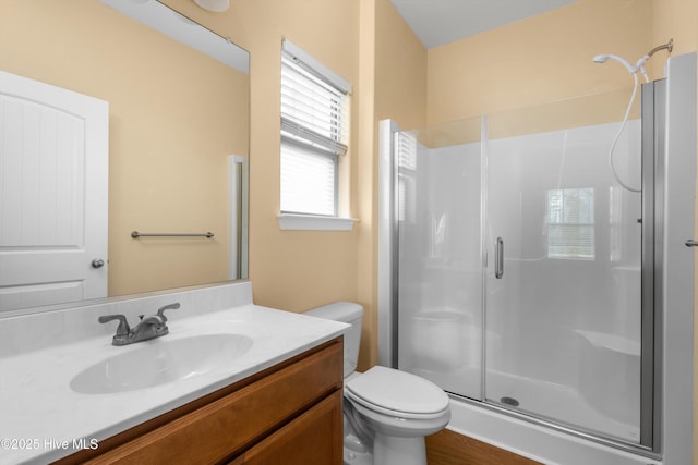 bathroom with vanity, toilet, and a stall shower