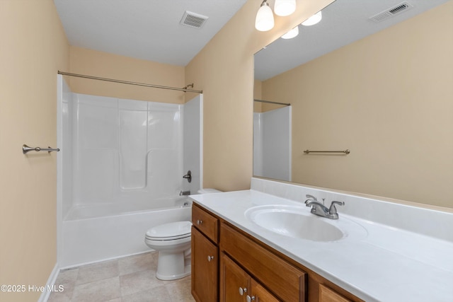 full bath featuring visible vents, shower / bathtub combination, toilet, and vanity