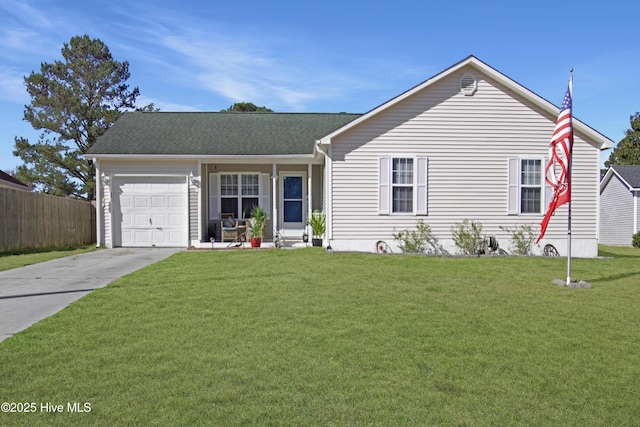 ranch-style house with a front lawn, an attached garage, fence, and driveway