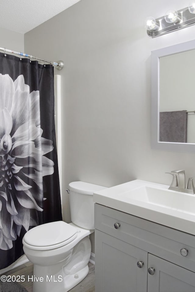 bathroom with vanity, toilet, wood finished floors, and a textured ceiling