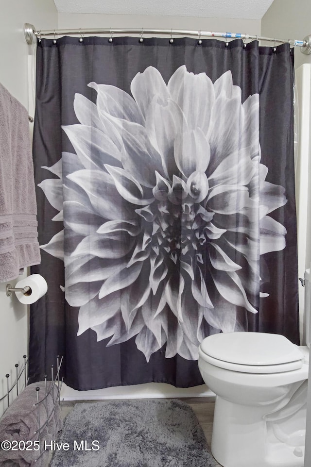 bathroom featuring curtained shower and toilet