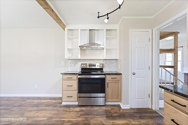 kitchen with open shelves, wall chimney exhaust hood, dark countertops, and stainless steel range with electric cooktop