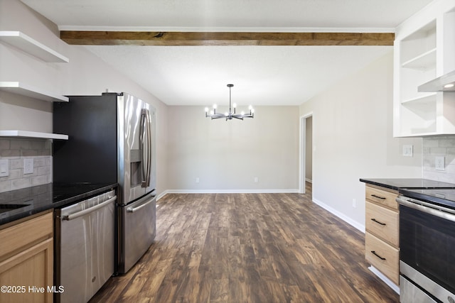 kitchen with open shelves, dark countertops, dark wood-style floors, stainless steel appliances, and an inviting chandelier