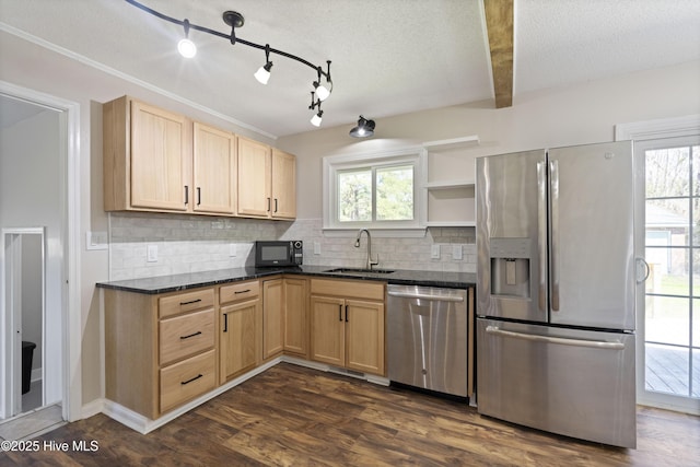 kitchen with light brown cabinets, a sink, open shelves, stainless steel appliances, and dark wood-style flooring