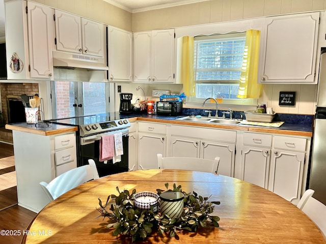 kitchen featuring stainless steel range with electric stovetop, ornamental molding, under cabinet range hood, a sink, and white cabinets