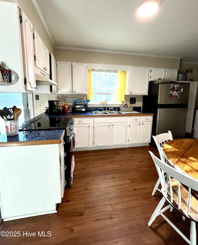 kitchen with ornamental molding, a sink, white cabinets, appliances with stainless steel finishes, and dark countertops