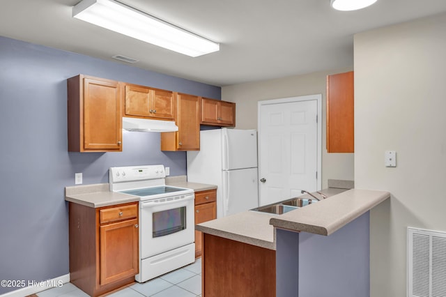 kitchen featuring under cabinet range hood, visible vents, white appliances, and a sink