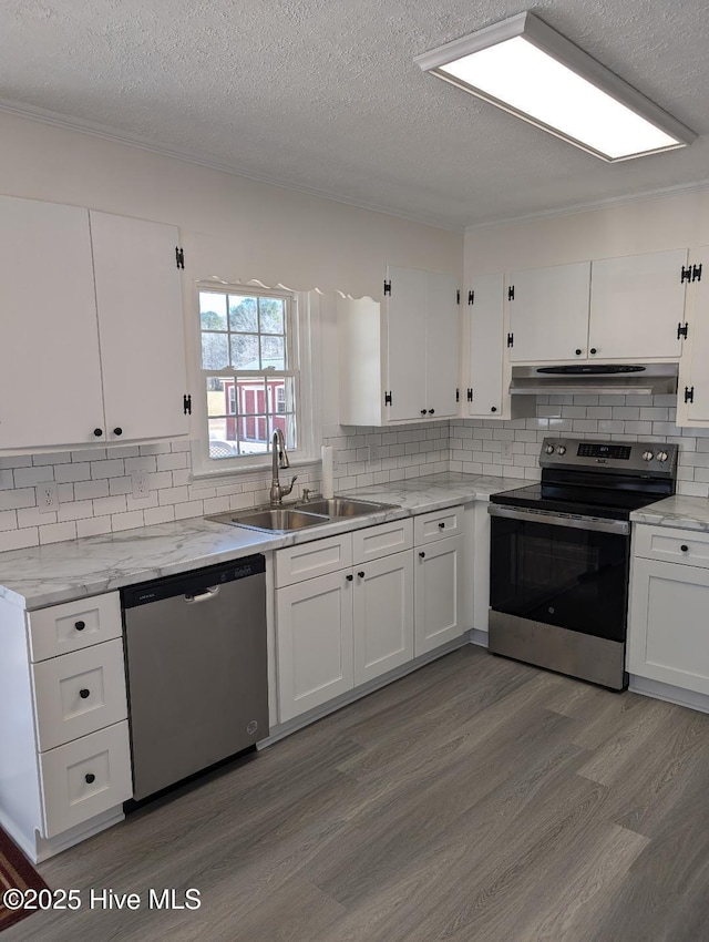 kitchen with under cabinet range hood, appliances with stainless steel finishes, white cabinetry, and a sink