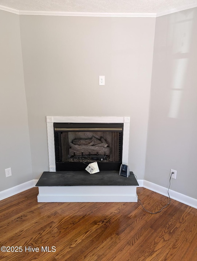 room details with ornamental molding, wood finished floors, and a fireplace with raised hearth