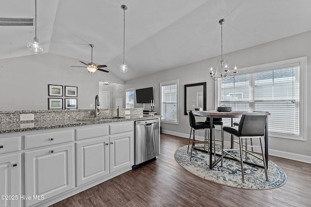 kitchen with visible vents, white cabinetry, a sink, dark wood-type flooring, and stainless steel dishwasher