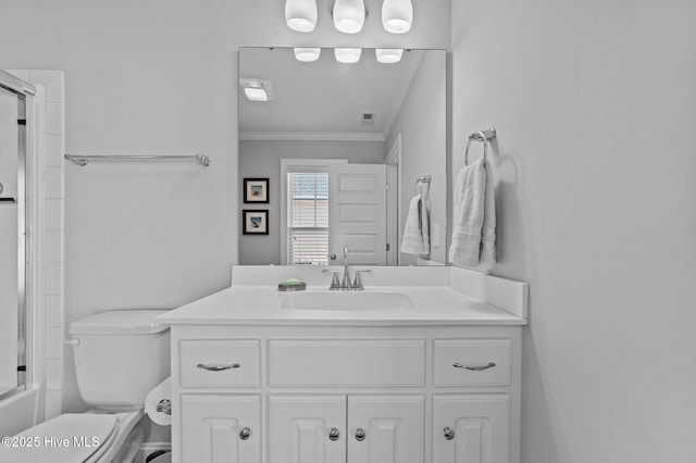 bathroom featuring visible vents, toilet, ornamental molding, shower / bath combination with glass door, and vanity