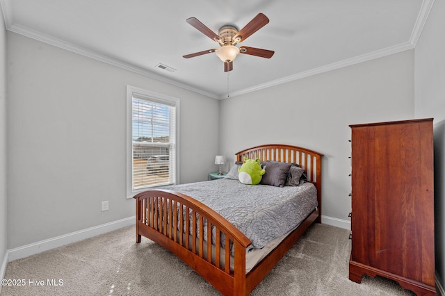 bedroom featuring visible vents, ornamental molding, baseboards, and carpet floors