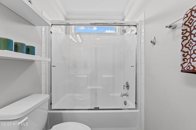 full bathroom with toilet, crown molding, and bath / shower combo with glass door