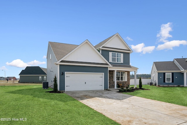 view of front of home featuring board and batten siding, a front lawn, concrete driveway, central AC, and an attached garage