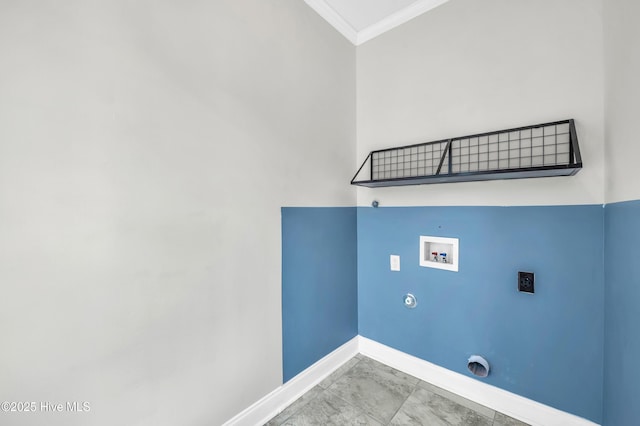 laundry room featuring electric dryer hookup, washer hookup, ornamental molding, baseboards, and laundry area