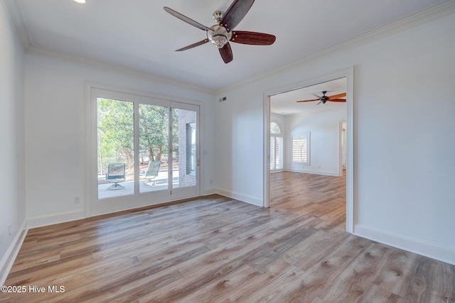 empty room with light wood-style flooring, ornamental molding, baseboards, and ceiling fan