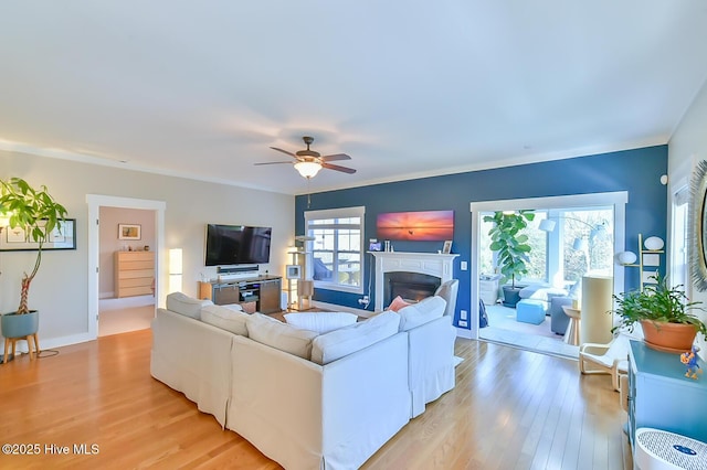 living room with a fireplace, a ceiling fan, light wood-type flooring, and baseboards