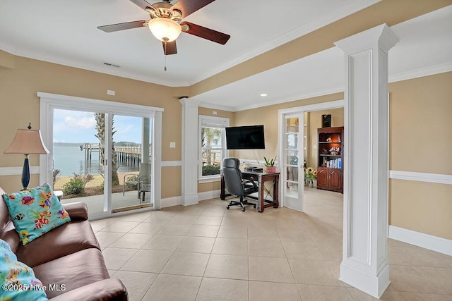 office featuring light tile patterned floors, decorative columns, visible vents, baseboards, and ceiling fan