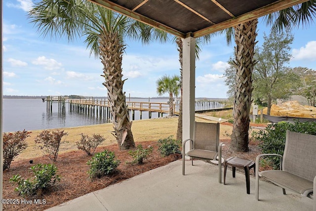 view of patio featuring a water view