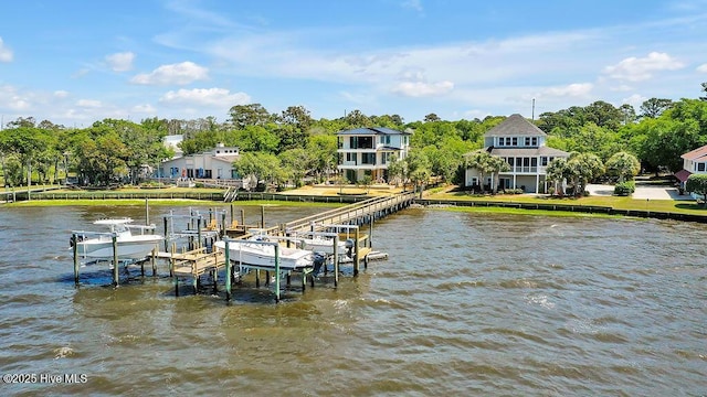 view of dock with a water view and boat lift