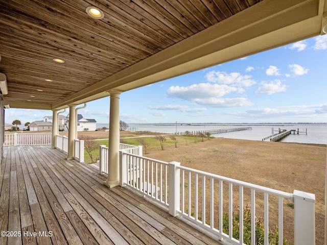 wooden deck with a water view