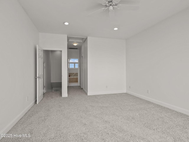 unfurnished bedroom with light carpet, recessed lighting, baseboards, and ceiling fan