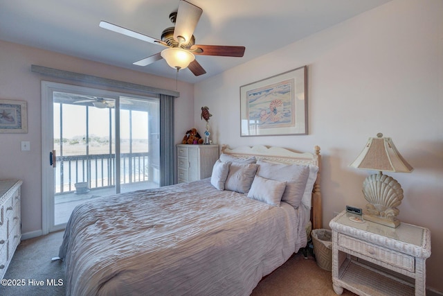 bedroom featuring access to outside, carpet flooring, baseboards, and ceiling fan