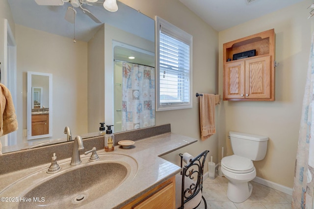 bathroom featuring tile patterned flooring, baseboards, ceiling fan, toilet, and vanity