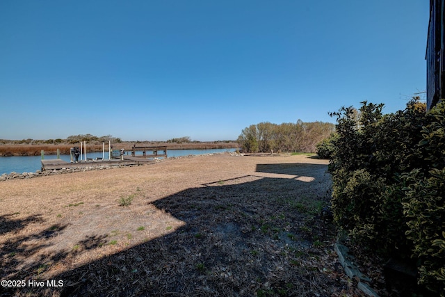 view of yard with a water view and a dock