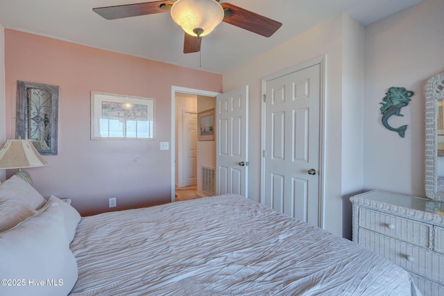 bedroom with visible vents and ceiling fan