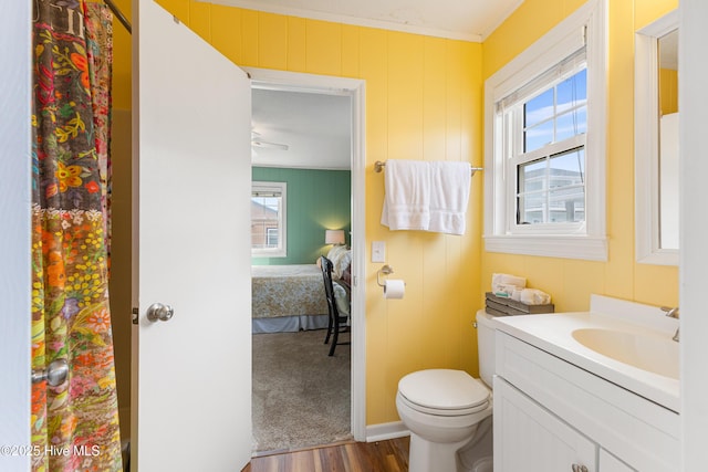 bathroom featuring a healthy amount of sunlight, vanity, toilet, and wood finished floors