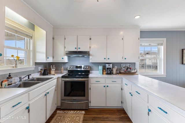 kitchen featuring a sink, light countertops, white cabinets, electric stove, and under cabinet range hood