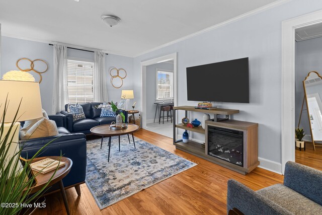 living room featuring crown molding and wood finished floors