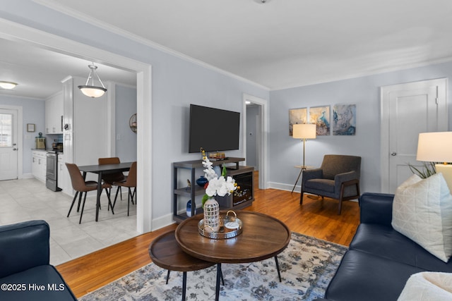 living area with baseboards, ornamental molding, and light wood-style floors