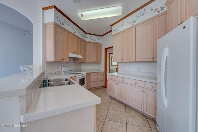 kitchen with light brown cabinets, ornamental molding, white appliances, and a sink