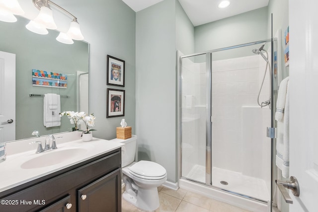 full bathroom featuring tile patterned flooring, a shower stall, toilet, and vanity