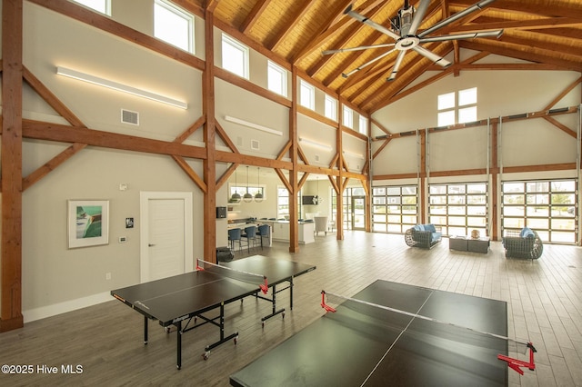 rec room with visible vents, high vaulted ceiling, wood ceiling, and wood finished floors