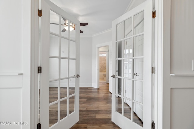 interior space featuring french doors, ceiling fan, and dark wood-style floors