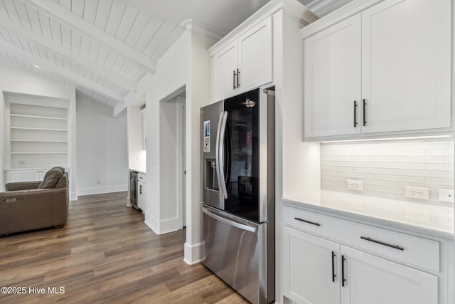 kitchen featuring baseboards, open floor plan, white cabinetry, stainless steel refrigerator with ice dispenser, and dark wood-type flooring