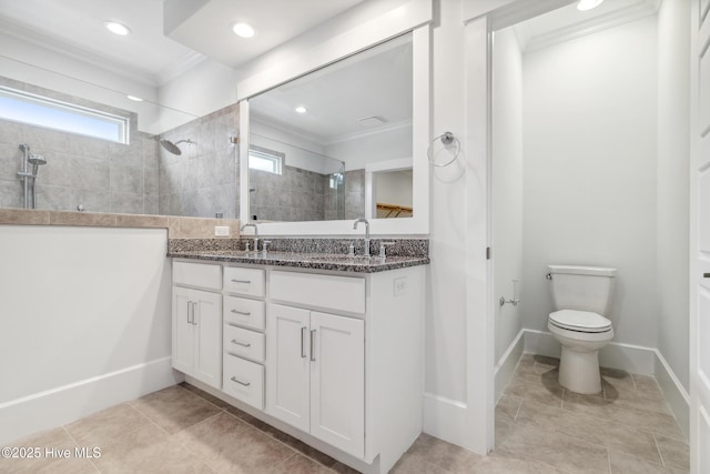 bathroom featuring crown molding, a walk in shower, a sink, and plenty of natural light