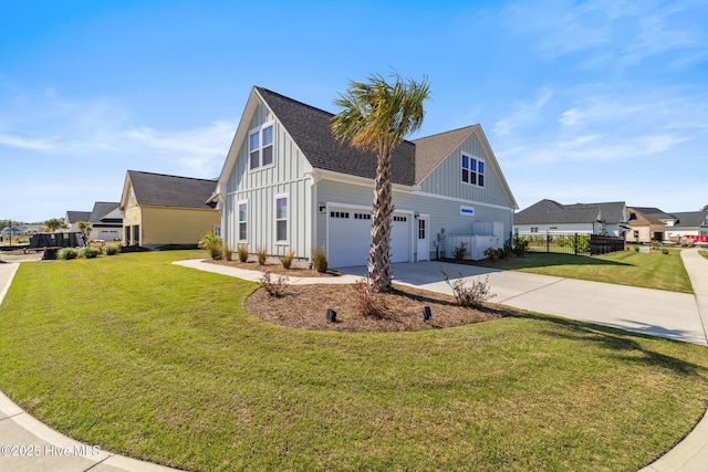 view of property exterior with a yard, driveway, and board and batten siding