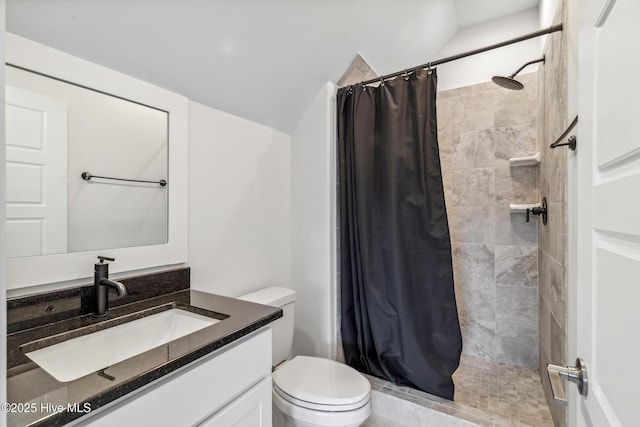 full bathroom with toilet, vanity, vaulted ceiling, and a stall shower