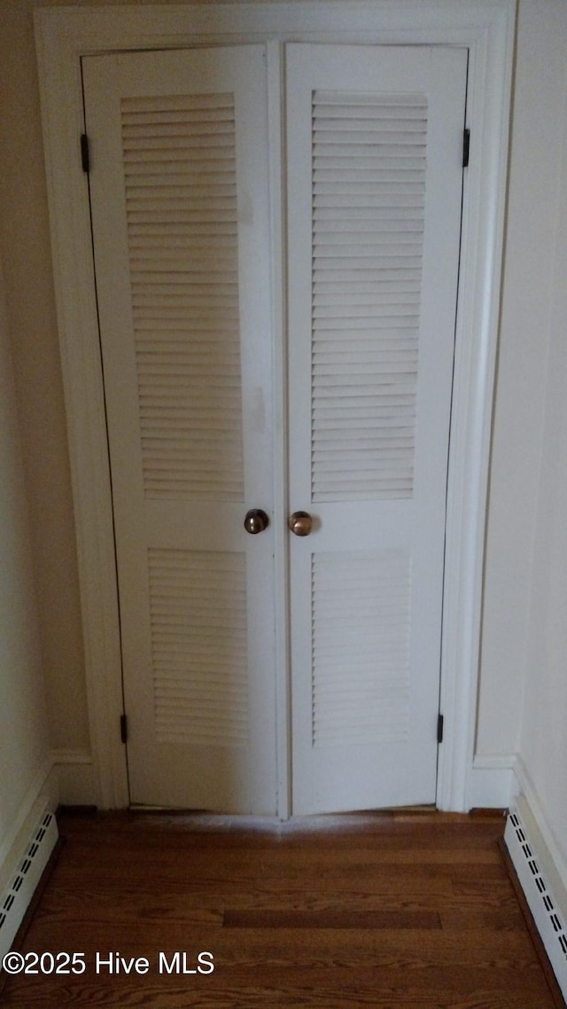 details featuring a baseboard heating unit and wood finished floors