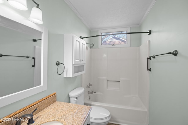 full bath with vanity, tub / shower combination, a textured ceiling, crown molding, and toilet