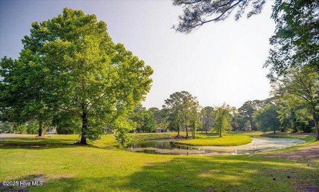 view of property's community featuring a lawn and a water view