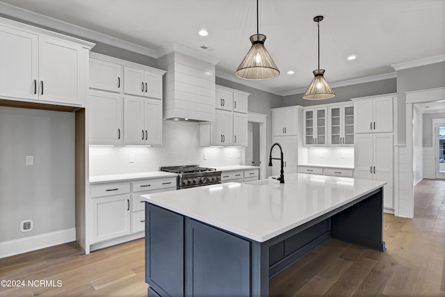 kitchen featuring light wood-style flooring, a sink, stainless steel range with gas cooktop, white cabinets, and custom exhaust hood