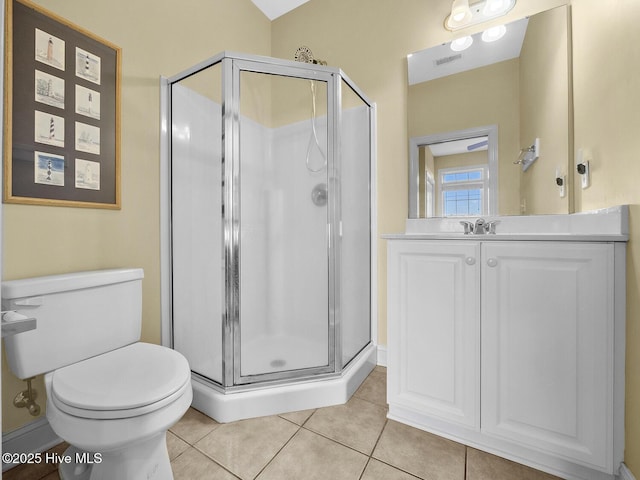 bathroom featuring visible vents, a shower stall, toilet, tile patterned floors, and vanity