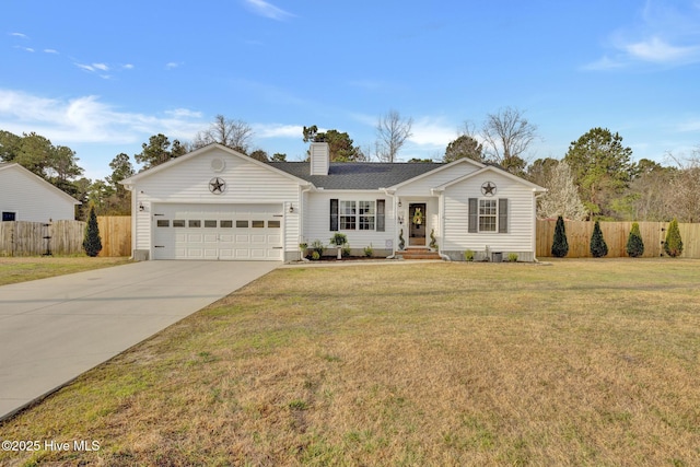 single story home with concrete driveway, an attached garage, fence, and a chimney