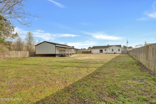 view of yard with an outbuilding and a fenced backyard